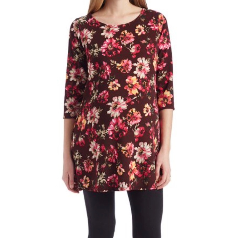 EUC Maternity Burgundy & Yellow Floral Scoop Neck Tunic Medium